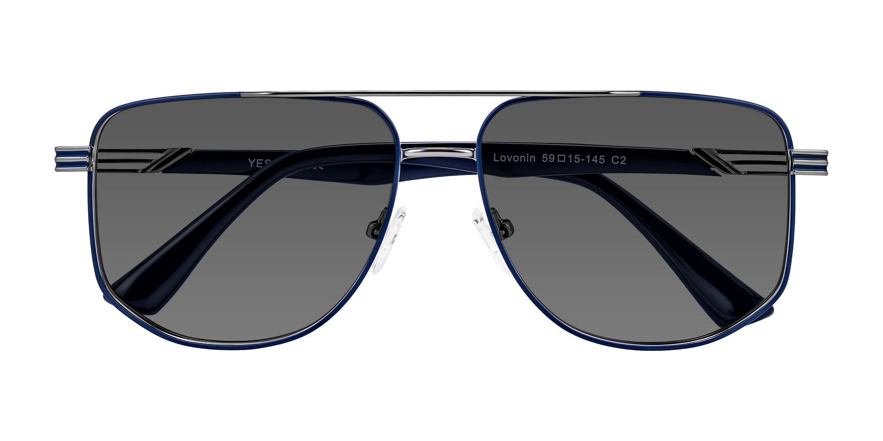 Folded Front of Lovonin in Gunmetal/Blue with Medium Gray Tinted Lenses