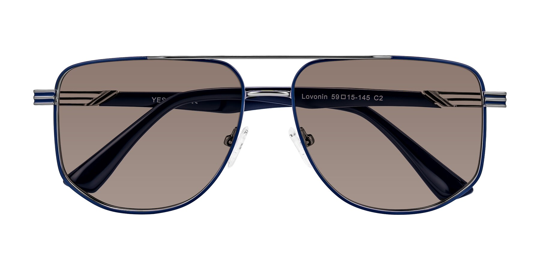 Folded Front of Lovonin in Gunmetal/Blue with Medium Brown Tinted Lenses