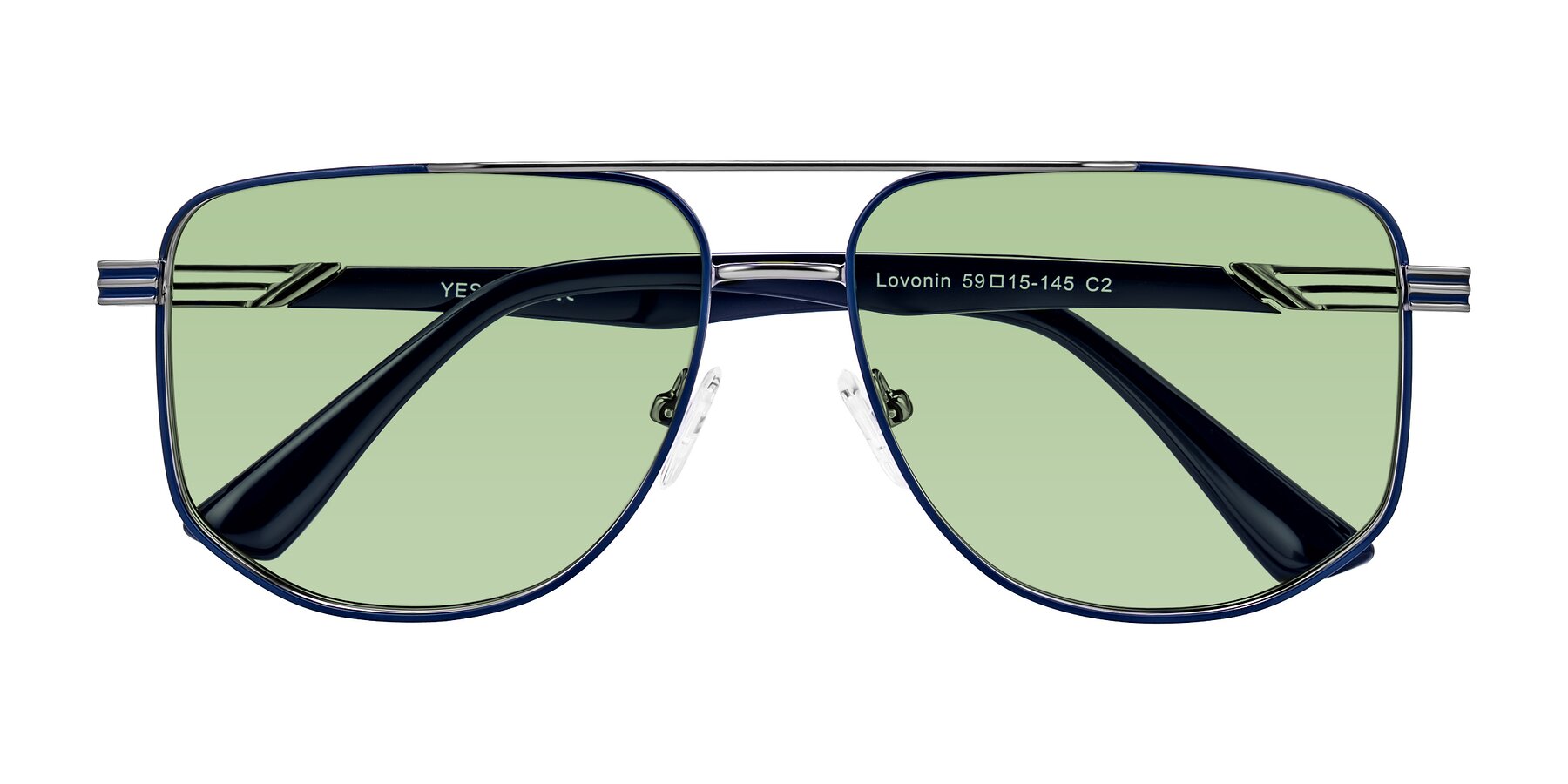 Folded Front of Lovonin in Gunmetal/Blue with Medium Green Tinted Lenses