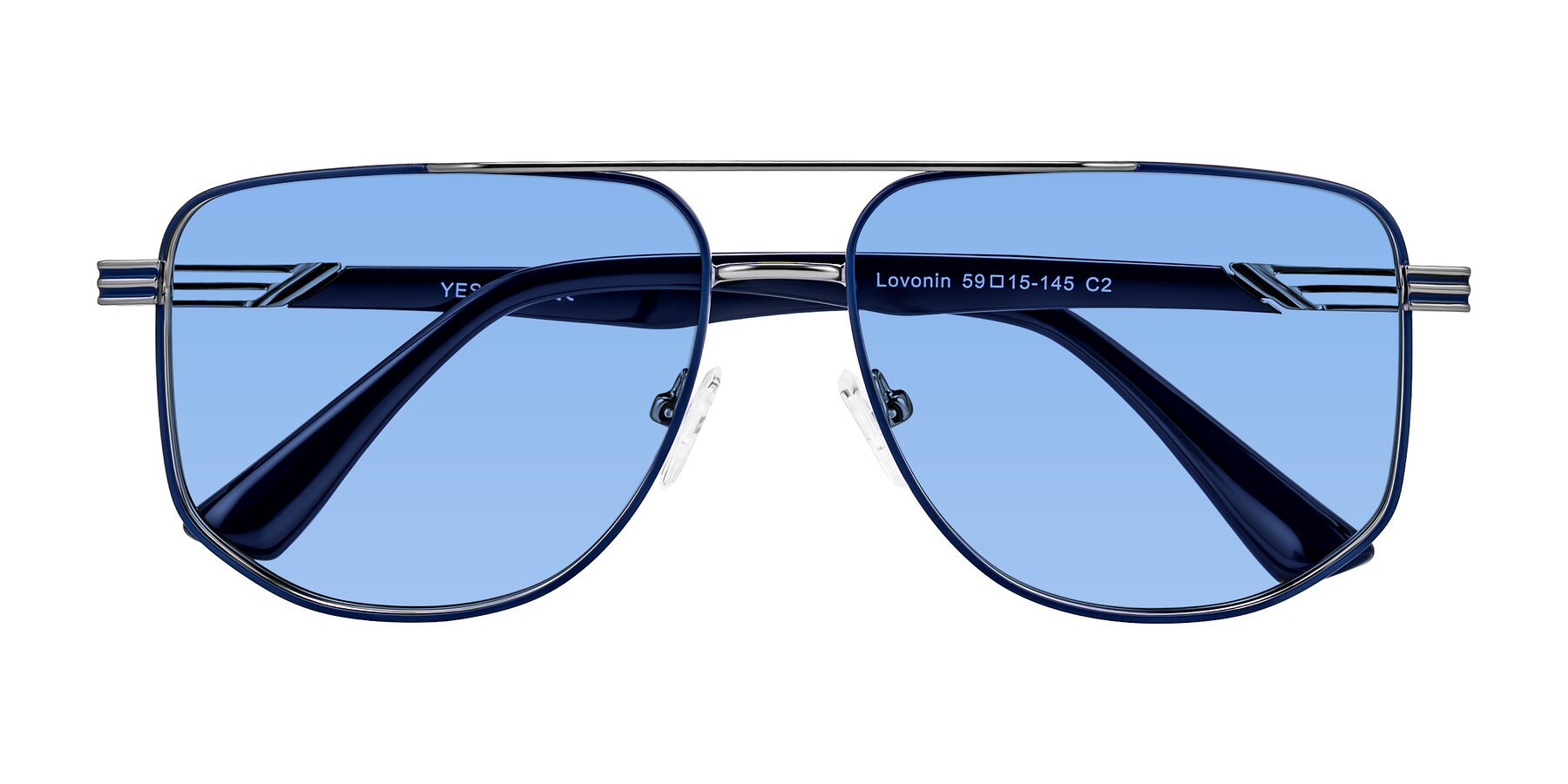 Folded Front of Lovonin in Gunmetal/Blue with Medium Blue Tinted Lenses