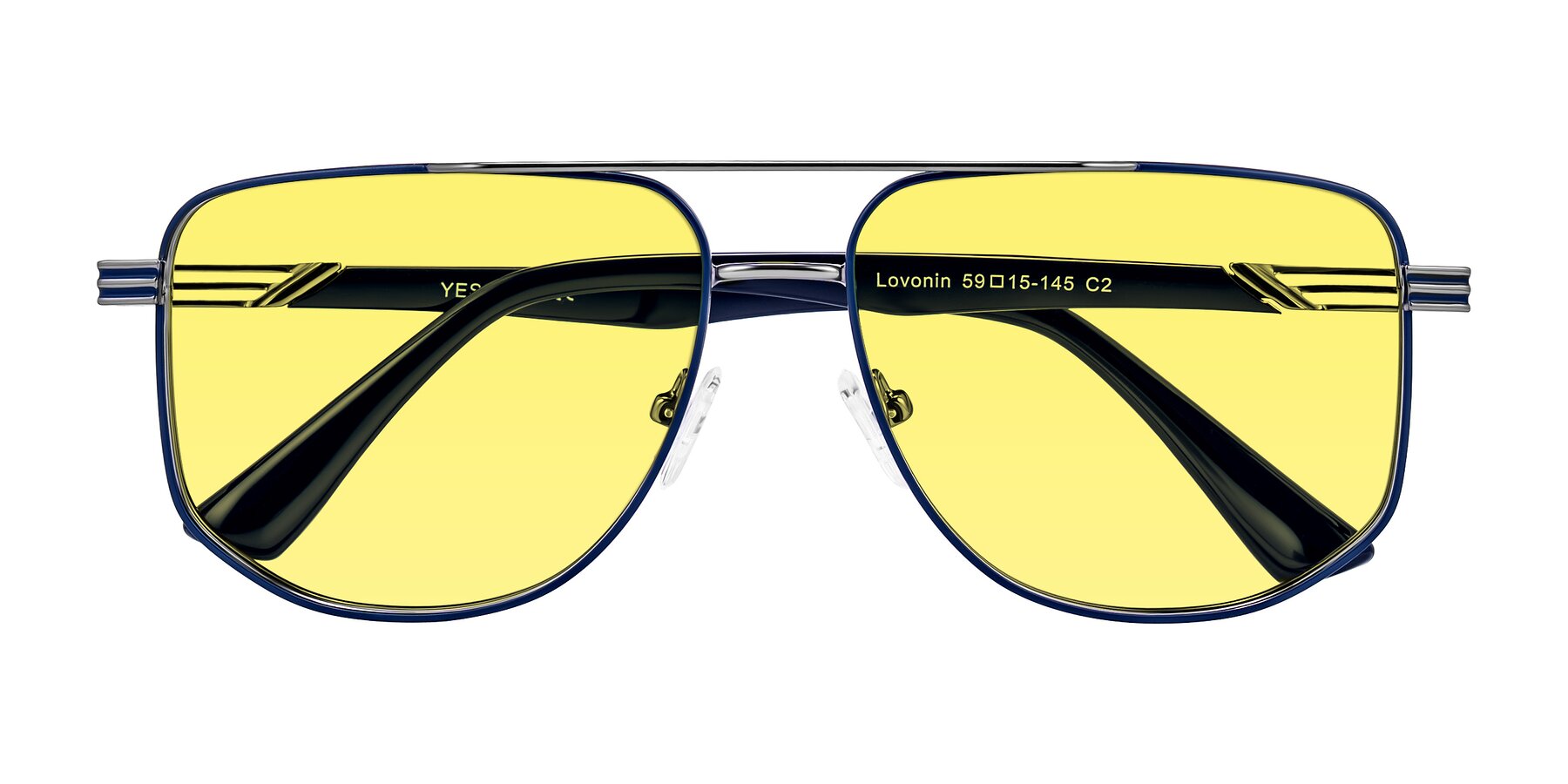 Folded Front of Lovonin in Gunmetal/Blue with Medium Yellow Tinted Lenses
