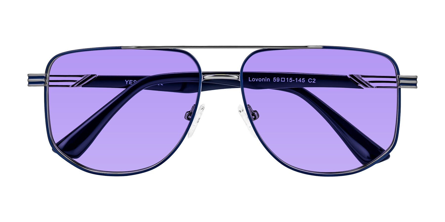 Folded Front of Lovonin in Gunmetal/Blue with Medium Purple Tinted Lenses