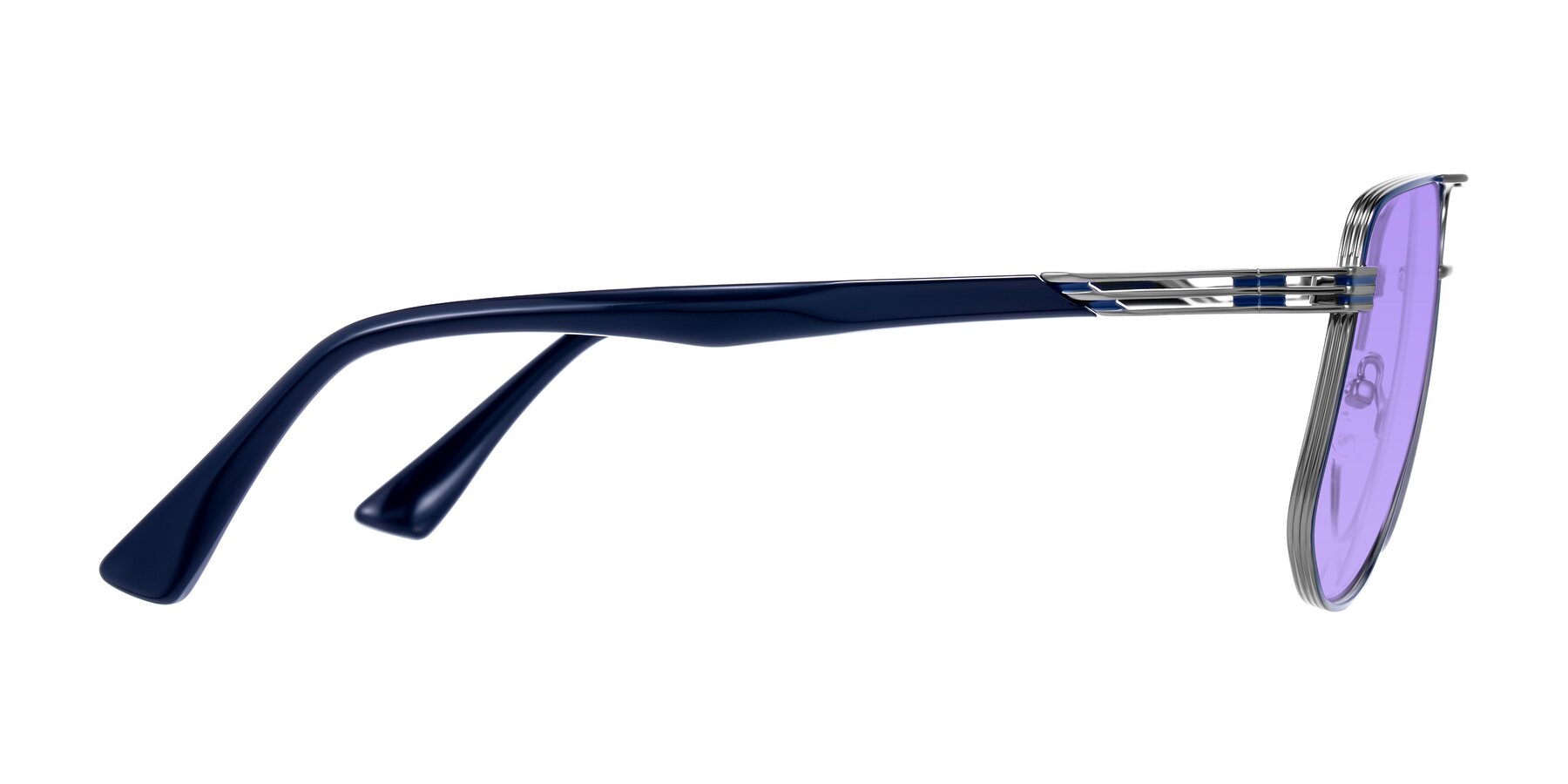 Side of Lovonin in Gunmetal/Blue with Medium Purple Tinted Lenses