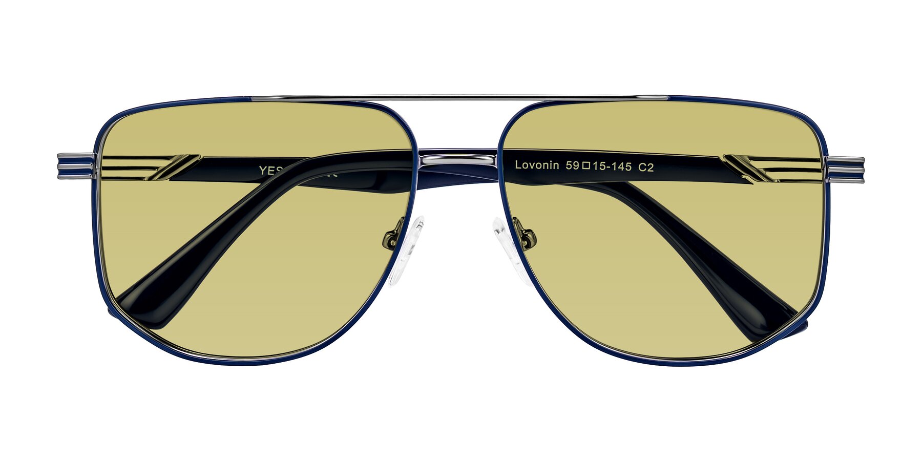 Folded Front of Lovonin in Gunmetal/Blue with Medium Champagne Tinted Lenses