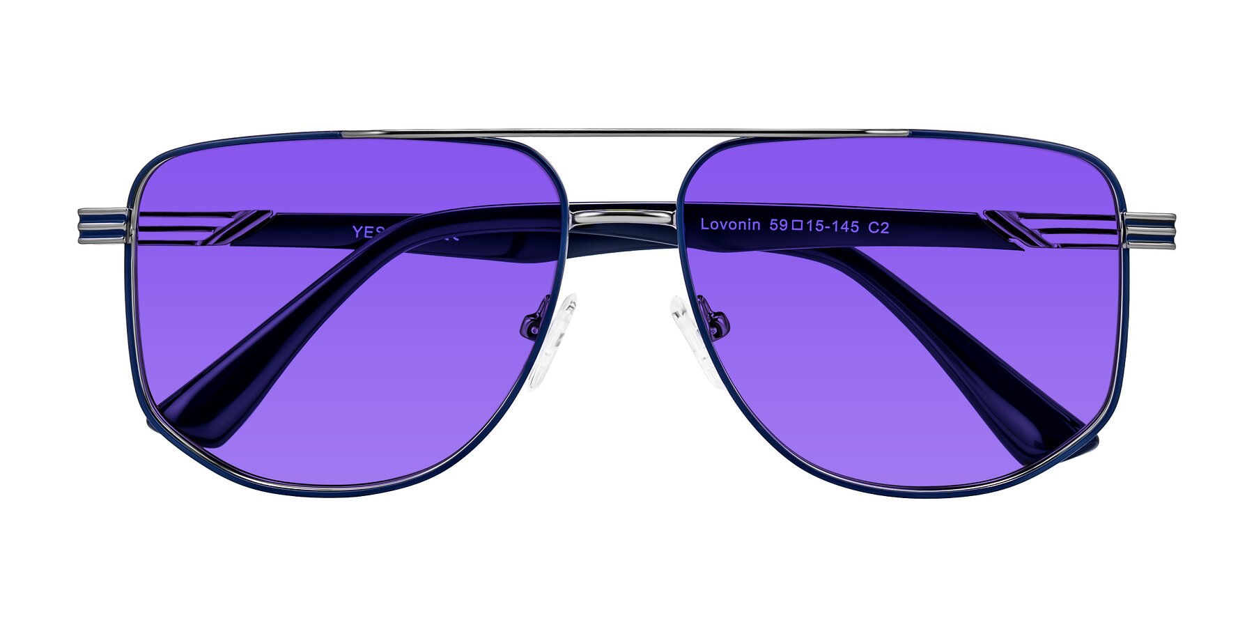 Folded Front of Lovonin in Gunmetal/Blue with Purple Tinted Lenses