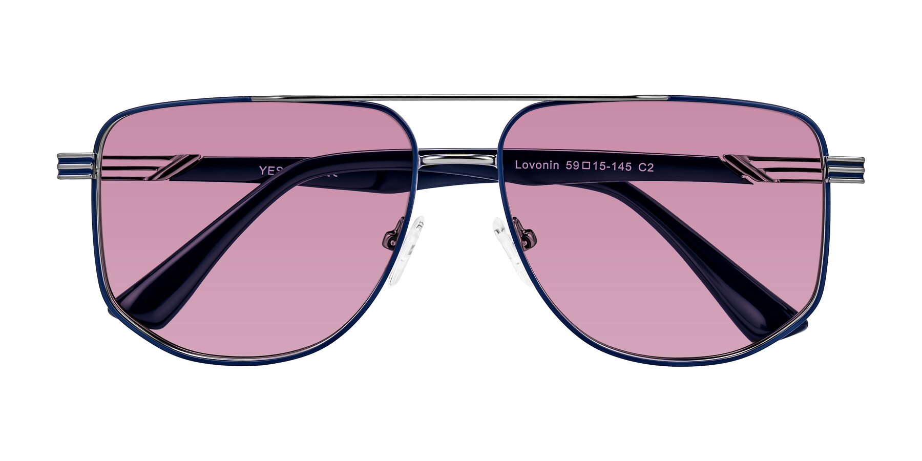 Folded Front of Lovonin in Gunmetal/Blue with Medium Wine Tinted Lenses