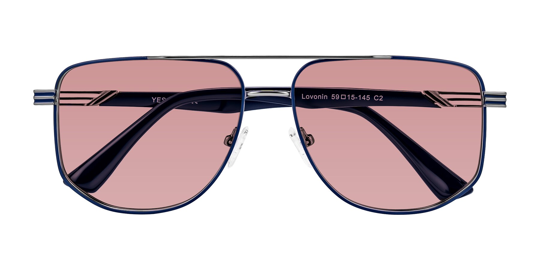 Folded Front of Lovonin in Gunmetal/Blue with Medium Garnet Tinted Lenses