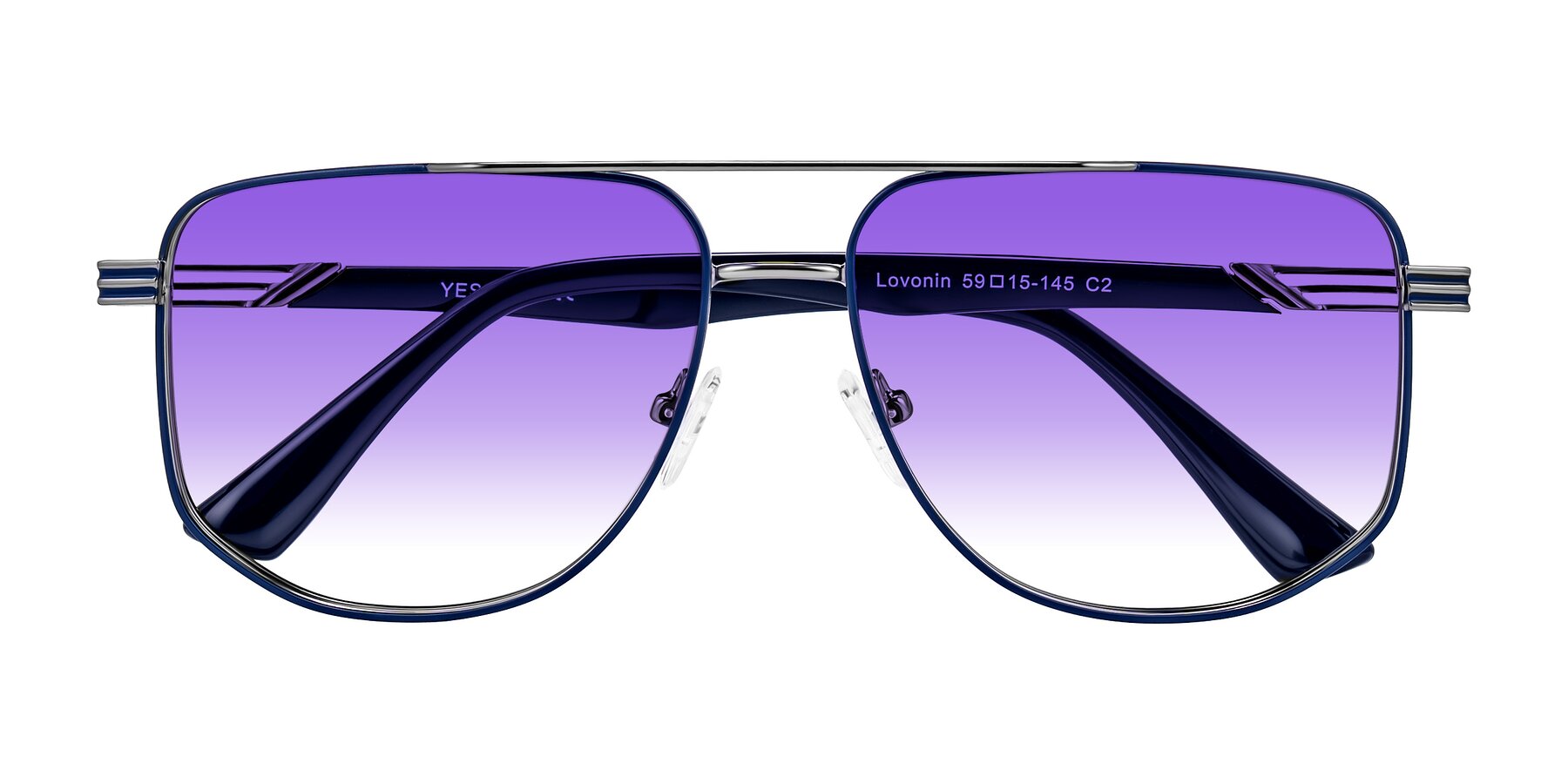 Folded Front of Lovonin in Gunmetal/Blue with Purple Gradient Lenses