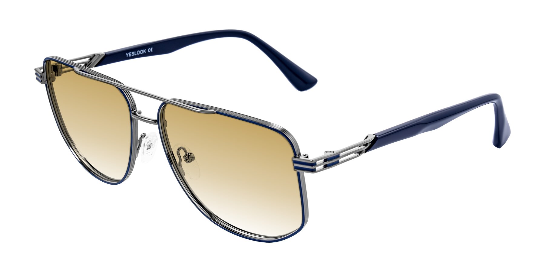 Angle of Lovonin in Gunmetal/Blue with Champagne Gradient Lenses