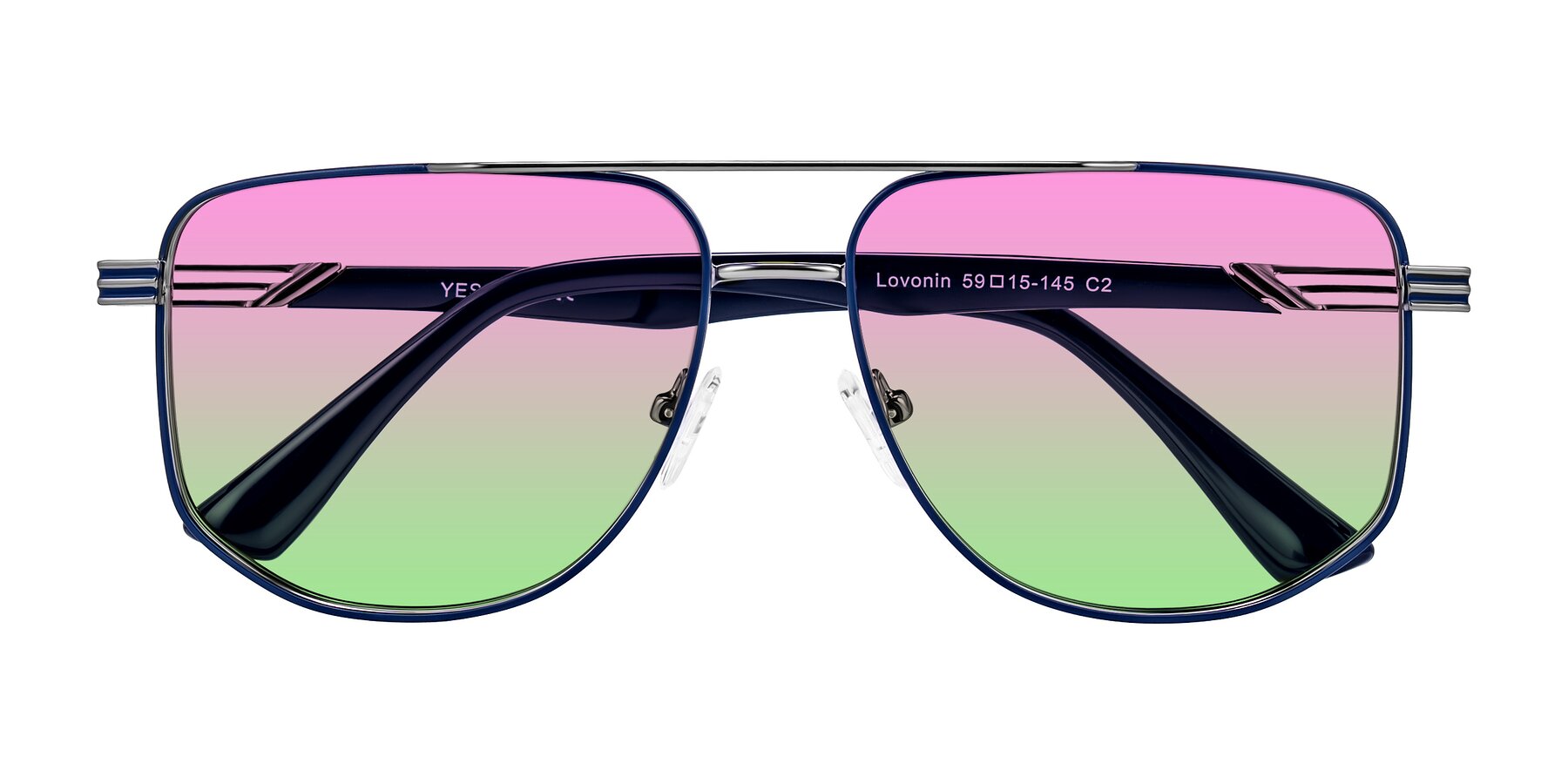 Folded Front of Lovonin in Gunmetal/Blue with Pink / Green Gradient Lenses