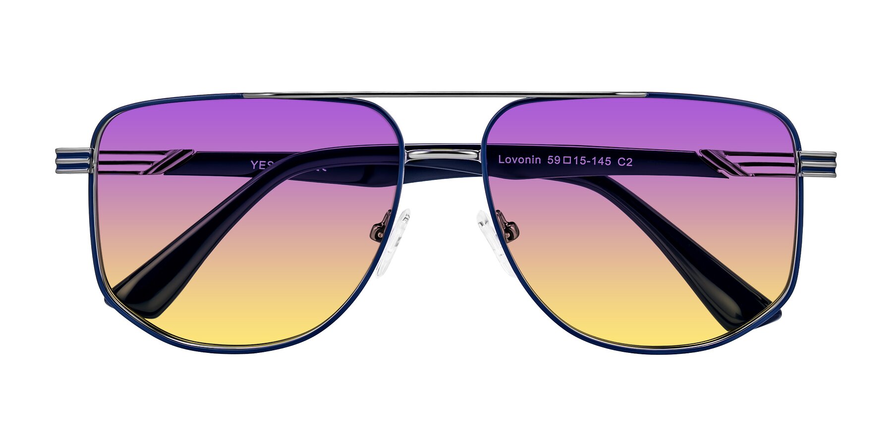 Folded Front of Lovonin in Gunmetal/Blue with Purple / Yellow Gradient Lenses