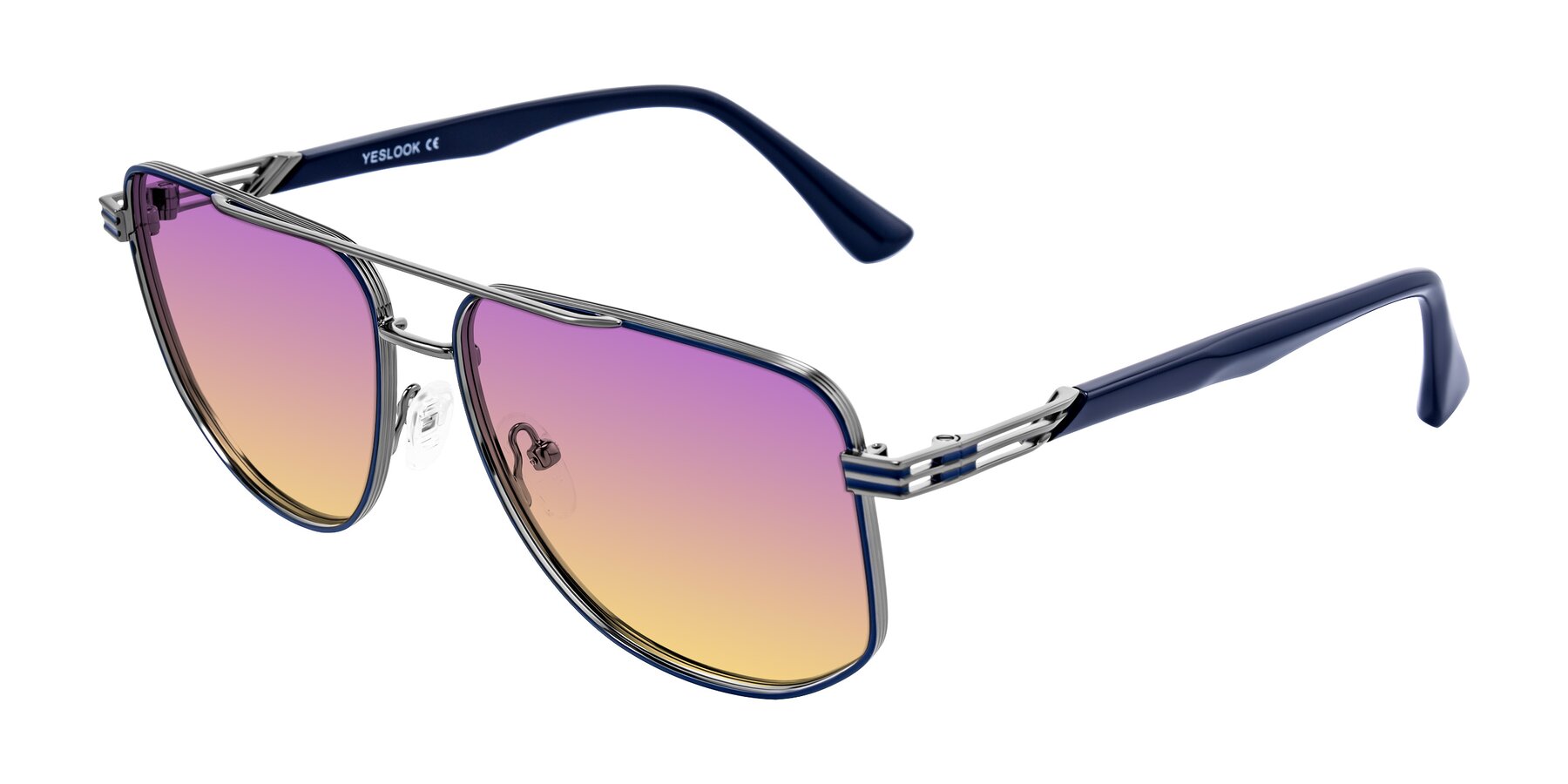 Angle of Lovonin in Gunmetal/Blue with Purple / Yellow Gradient Lenses