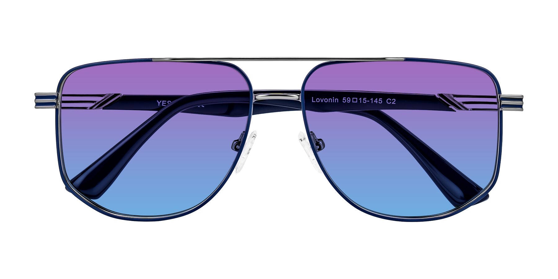 Folded Front of Lovonin in Gunmetal/Blue with Purple / Blue Gradient Lenses