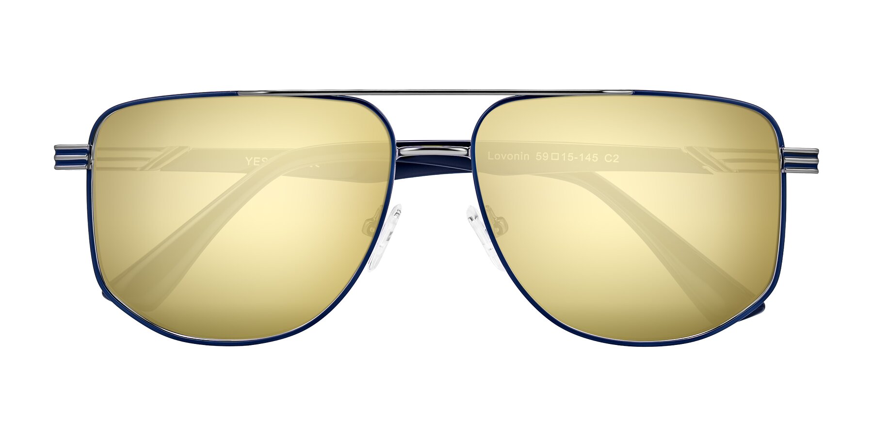 Folded Front of Lovonin in Gunmetal/Blue with Gold Mirrored Lenses