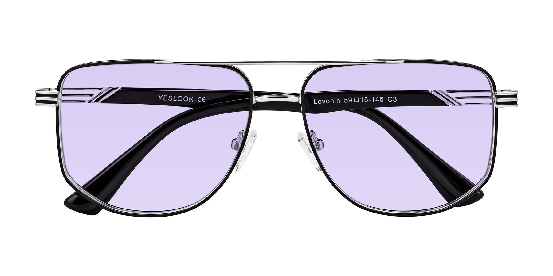 Folded Front of Lovonin in Chrome/Black with Light Purple Tinted Lenses