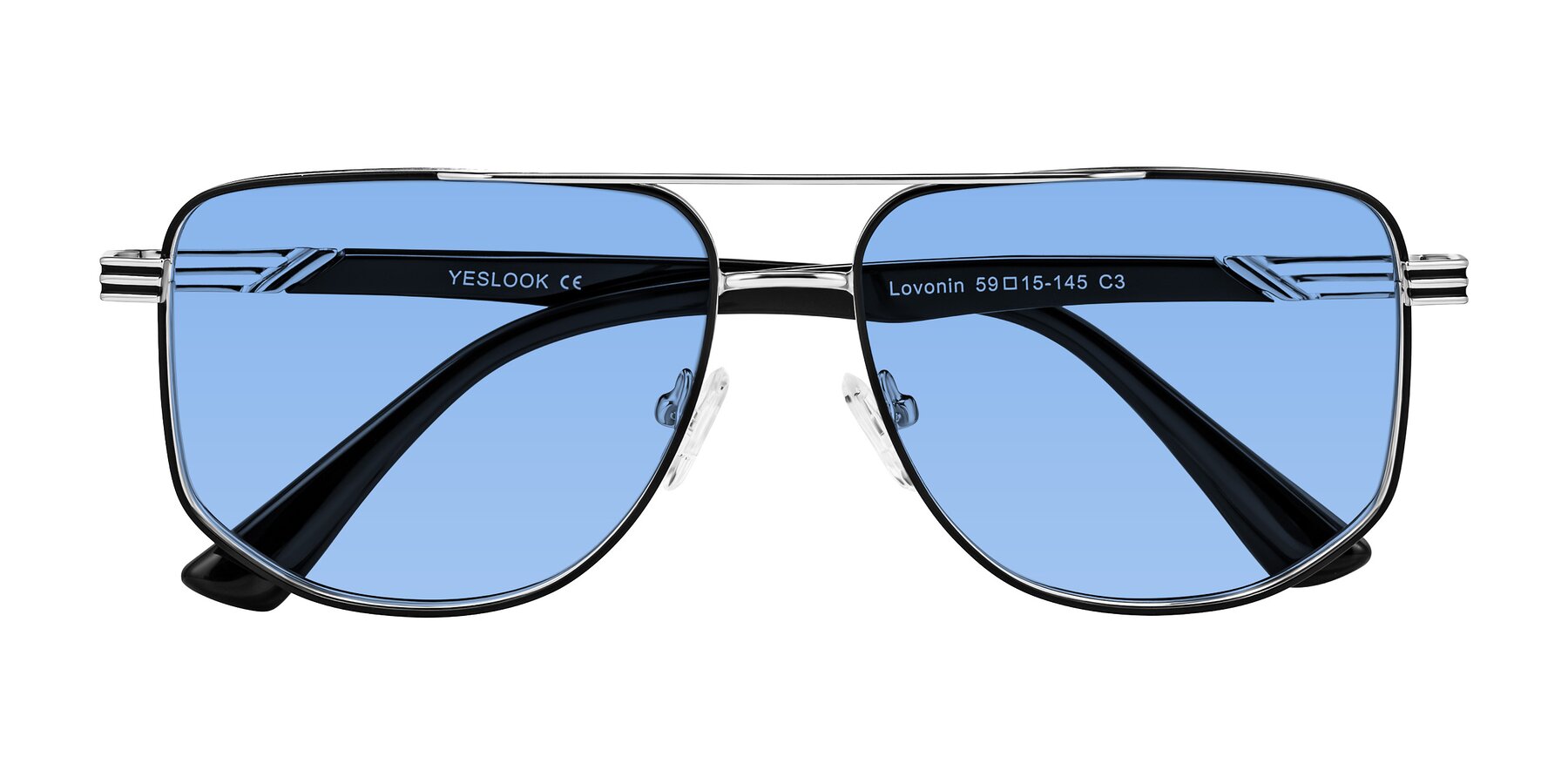 Folded Front of Lovonin in Chrome/Black with Medium Blue Tinted Lenses