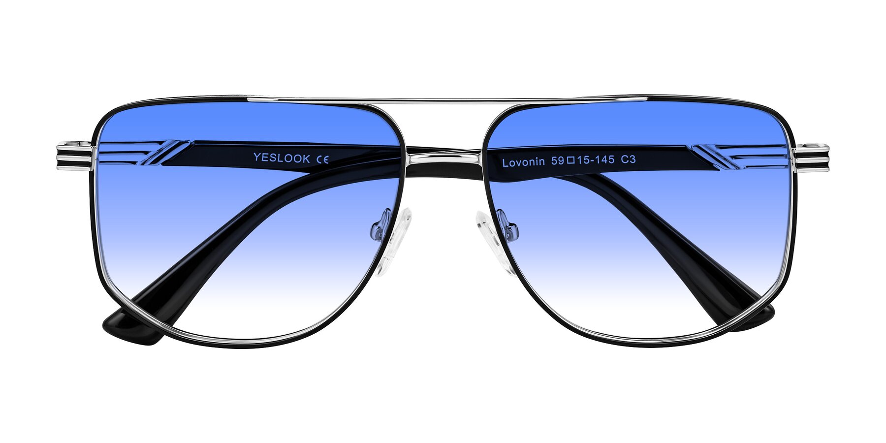 Folded Front of Lovonin in Chrome/Black with Blue Gradient Lenses
