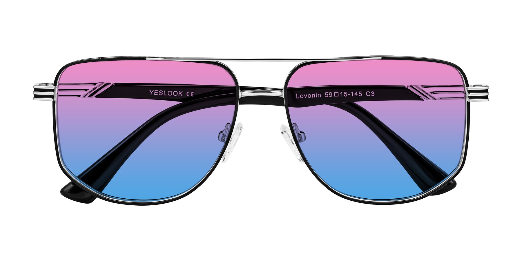 Folded Front of Lovonin in Chrome/Black with Pink / Blue Gradient Lenses