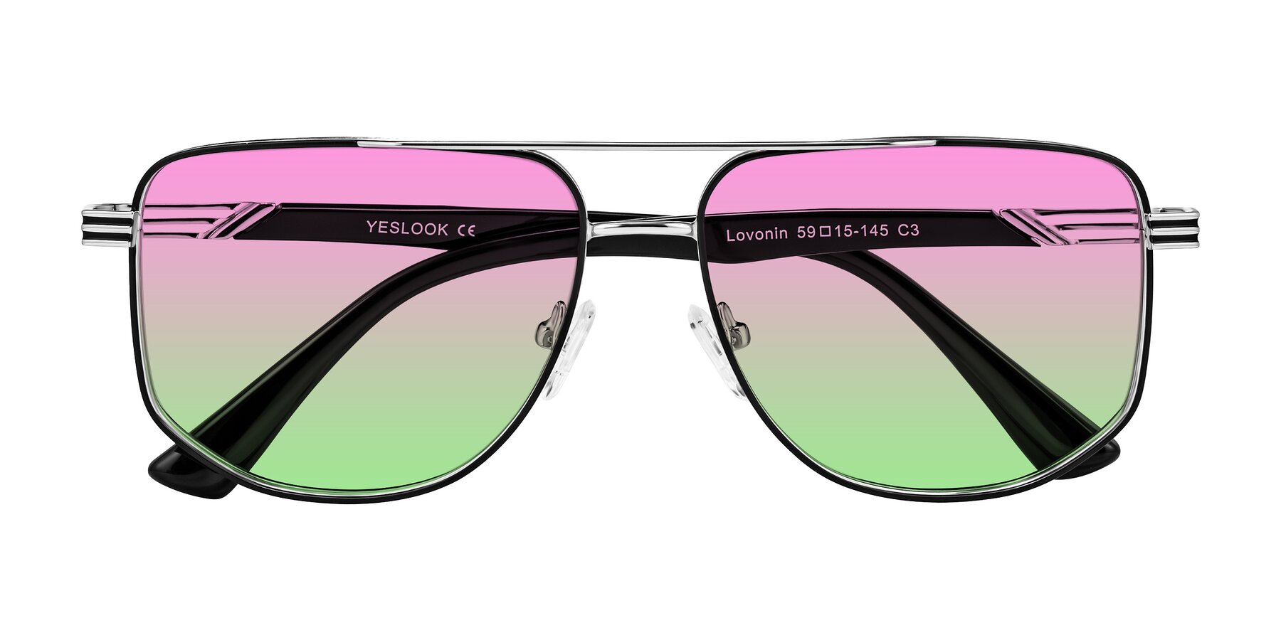 Folded Front of Lovonin in Chrome/Black with Pink / Green Gradient Lenses