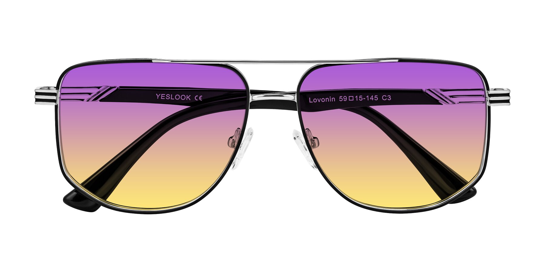 Folded Front of Lovonin in Chrome/Black with Purple / Yellow Gradient Lenses