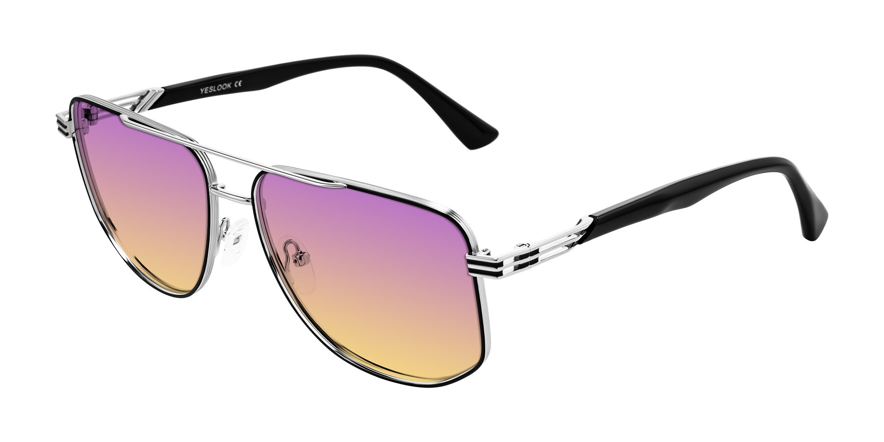 Angle of Lovonin in Chrome/Black with Purple / Yellow Gradient Lenses