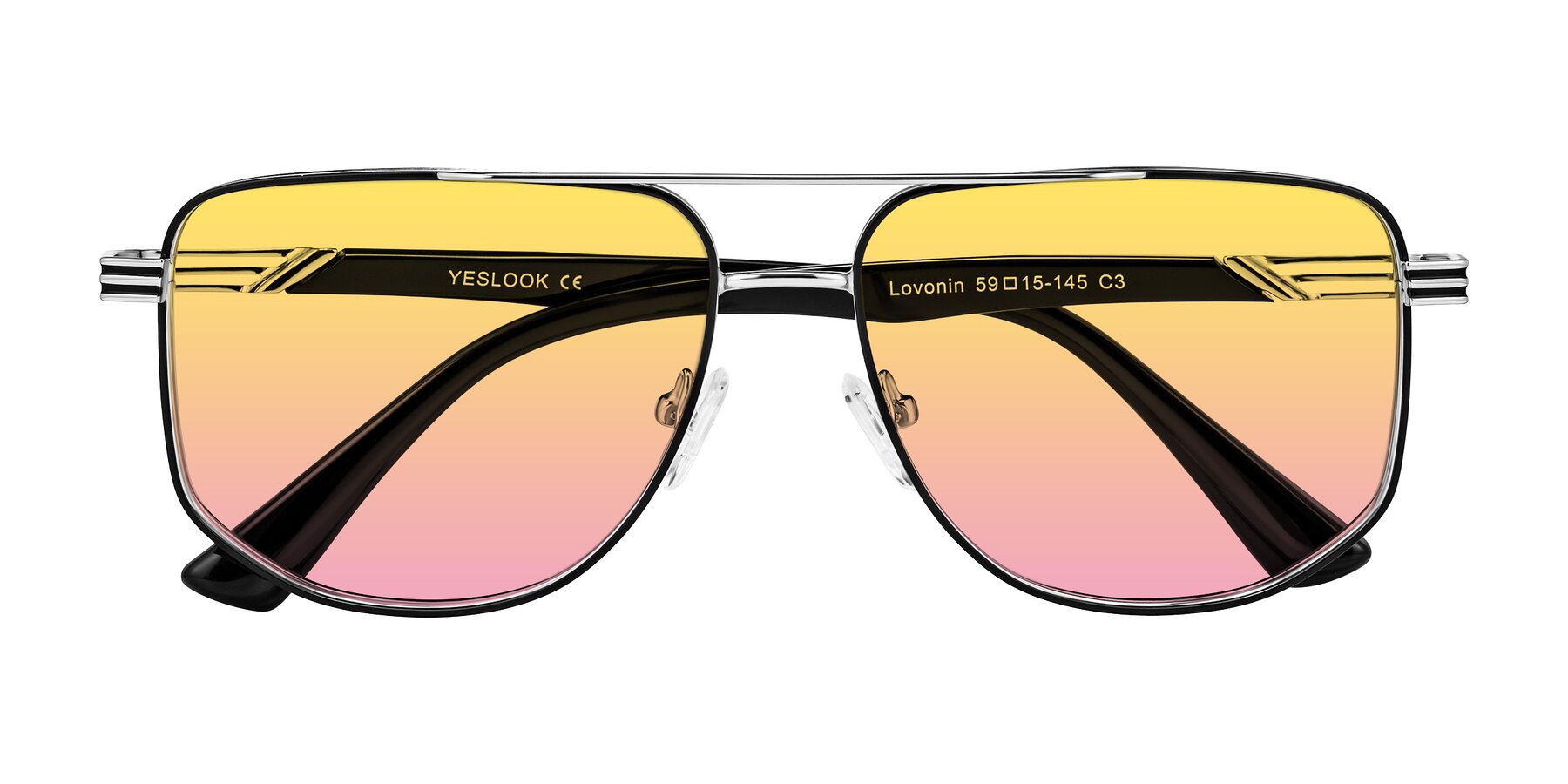 Folded Front of Lovonin in Chrome/Black with Yellow / Pink Gradient Lenses