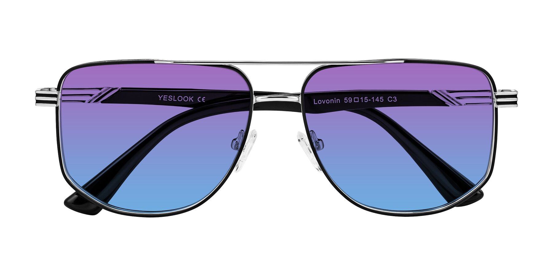 Folded Front of Lovonin in Chrome/Black with Purple / Blue Gradient Lenses