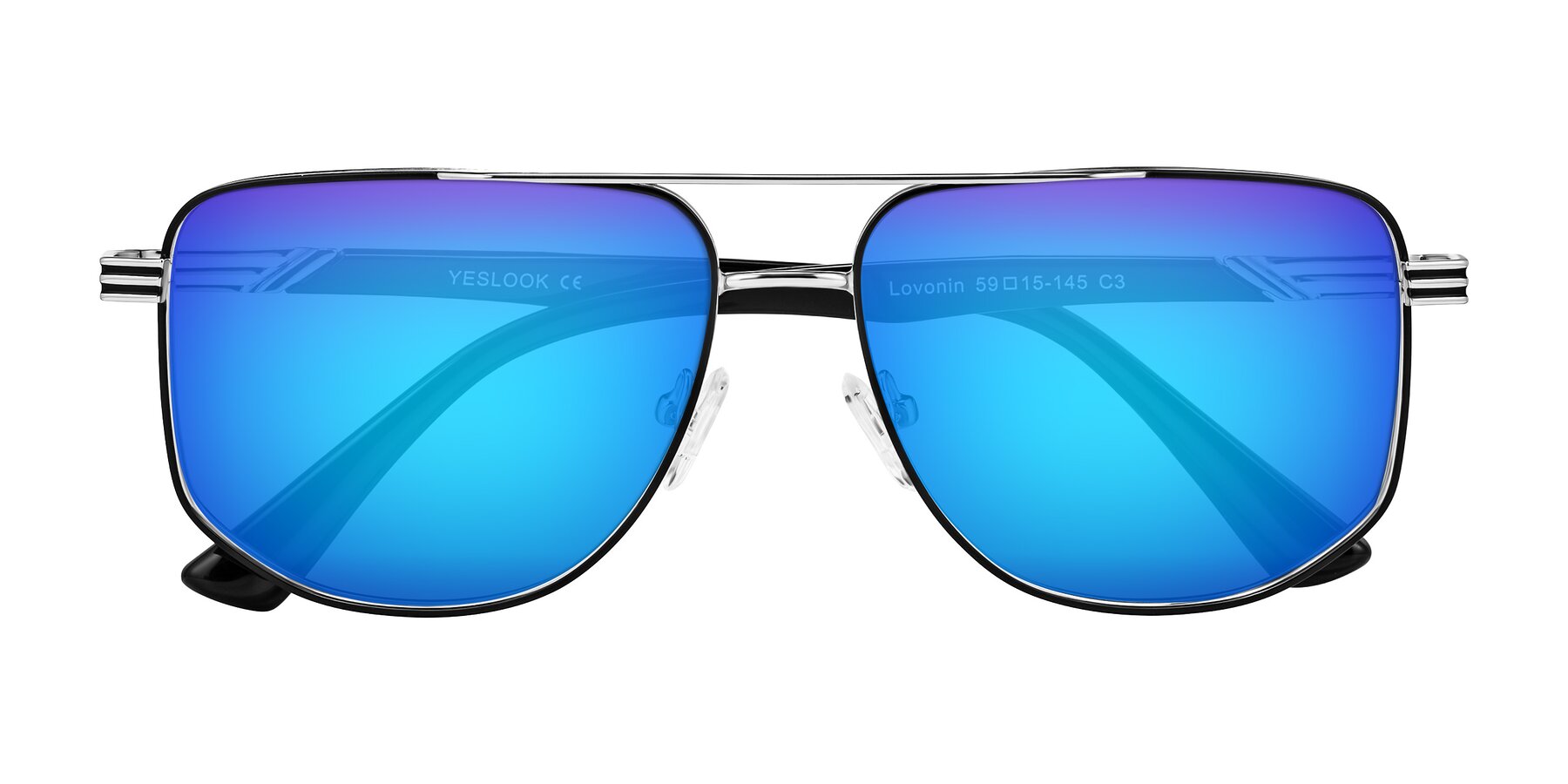 Folded Front of Lovonin in Chrome/Black with Blue Mirrored Lenses
