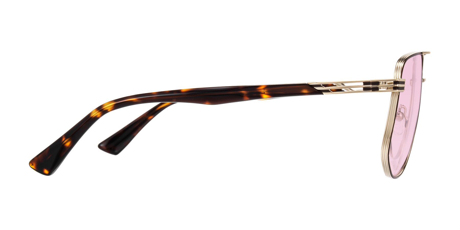 Side of Lovonin in Gold/Tortoise with Light Pink Tinted Lenses