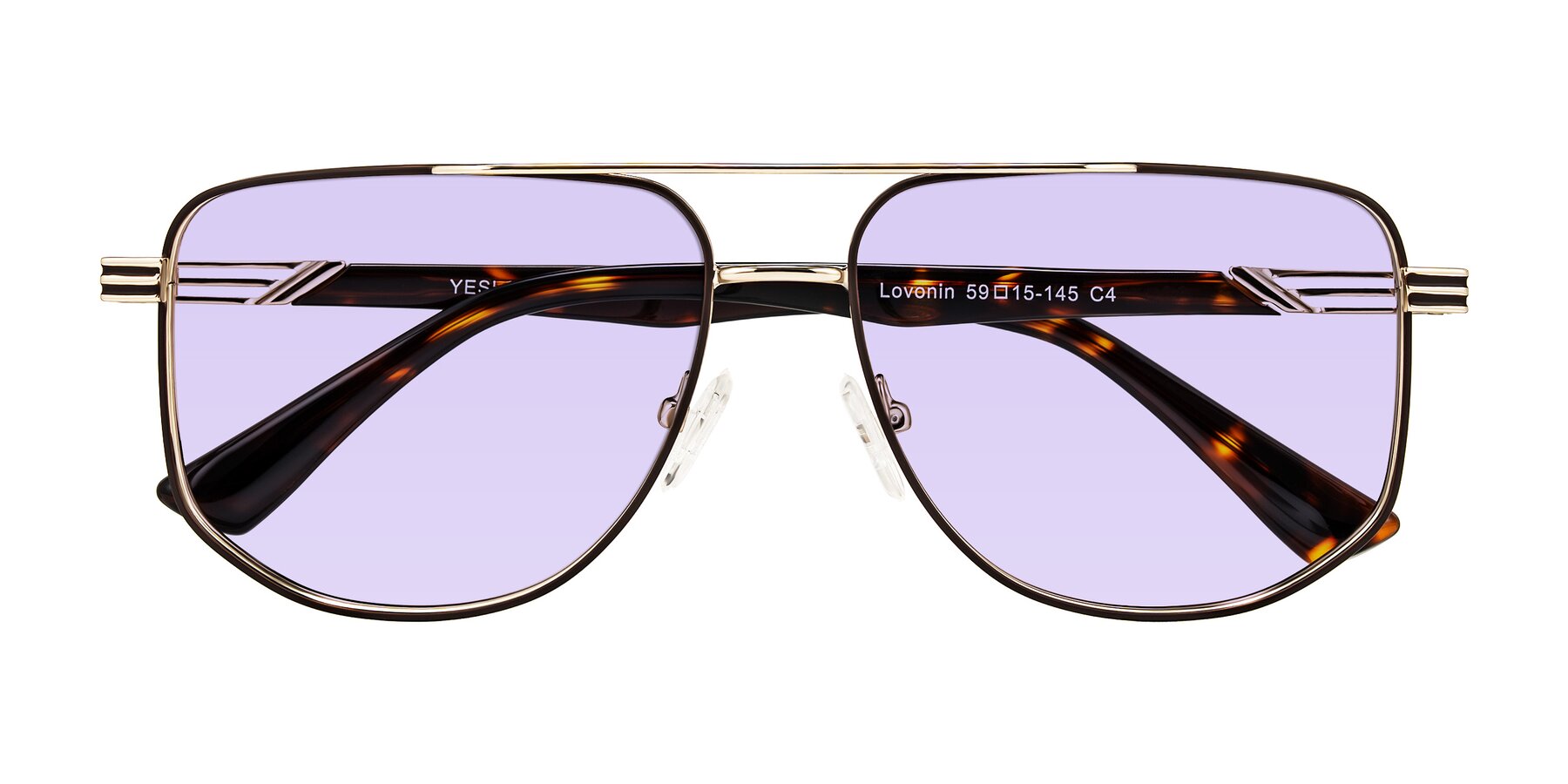 Folded Front of Lovonin in Gold/Tortoise with Light Purple Tinted Lenses
