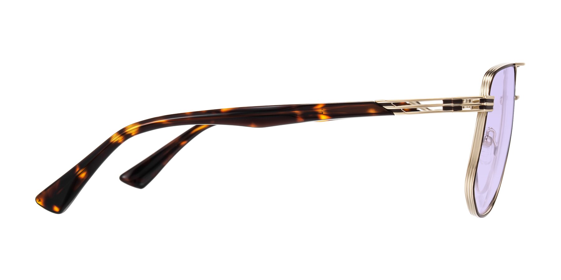 Side of Lovonin in Gold/Tortoise with Light Purple Tinted Lenses