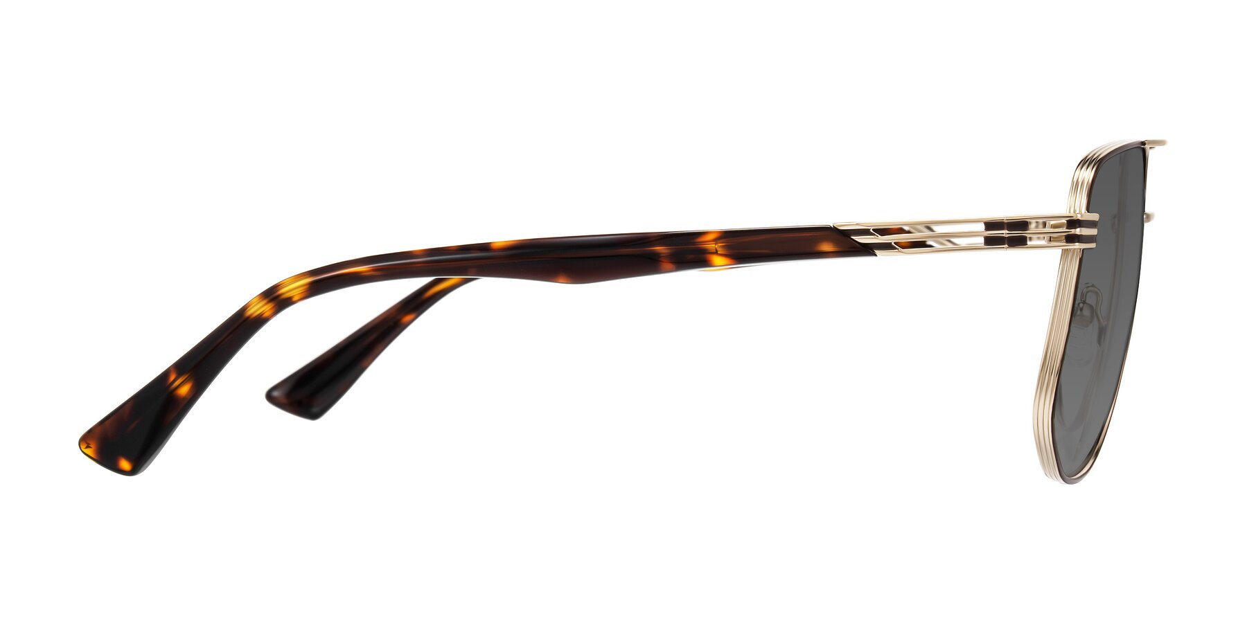 Side of Lovonin in Gold/Tortoise with Medium Gray Tinted Lenses