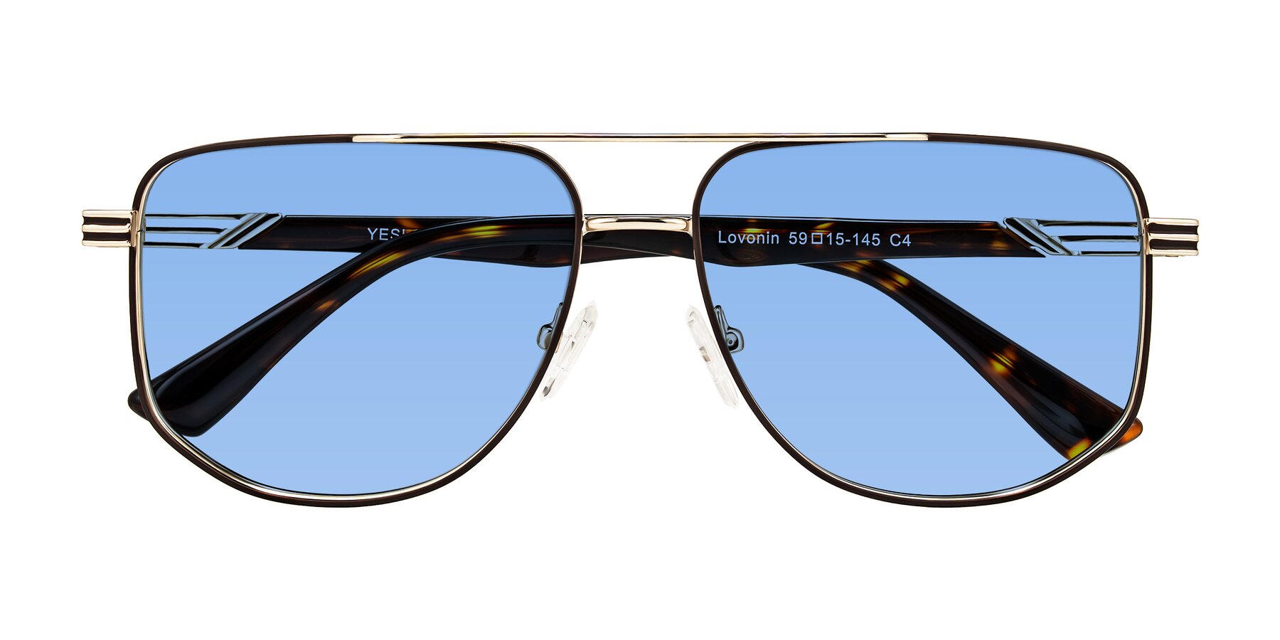 Folded Front of Lovonin in Gold/Tortoise with Medium Blue Tinted Lenses
