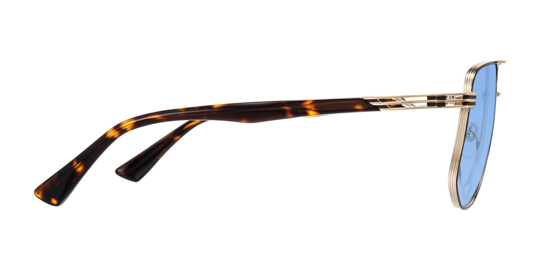 Side of Lovonin in Gold/Tortoise with Medium Blue Tinted Lenses