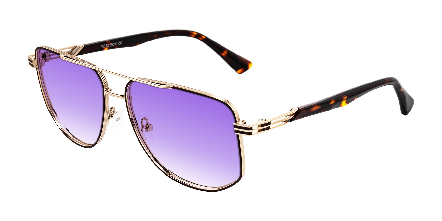 Angle of Lovonin in Gold/Tortoise with Purple Gradient Lenses
