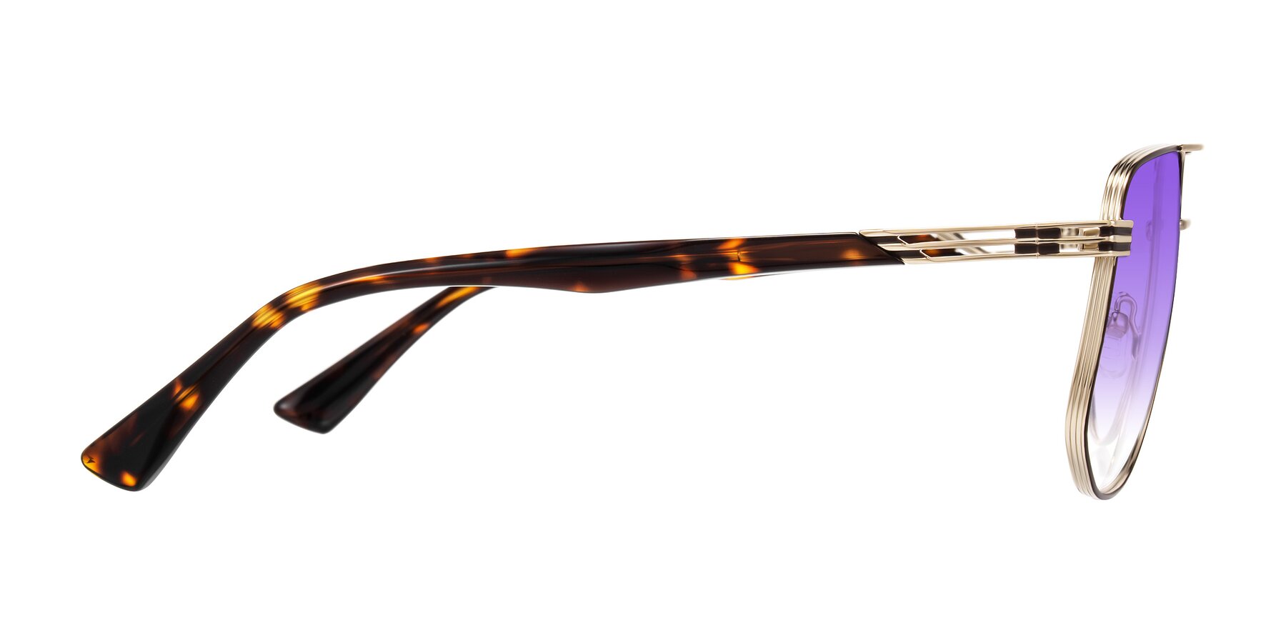Side of Lovonin in Gold/Tortoise with Purple Gradient Lenses