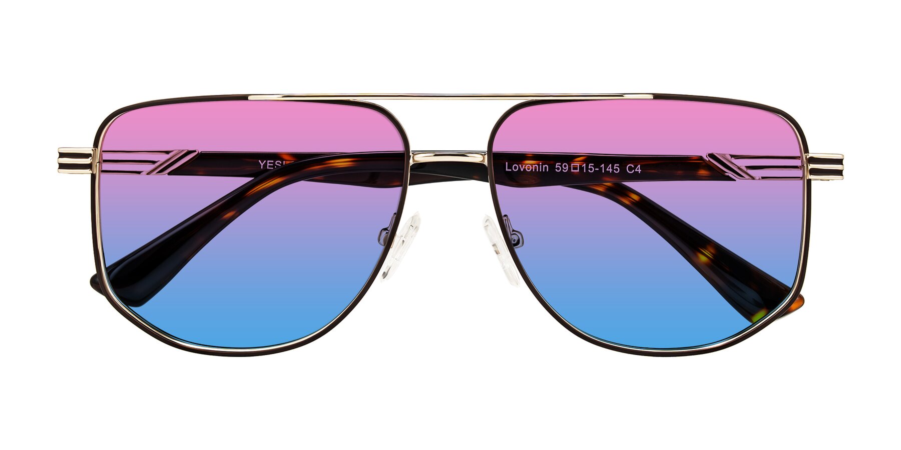 Folded Front of Lovonin in Gold/Tortoise with Pink / Blue Gradient Lenses
