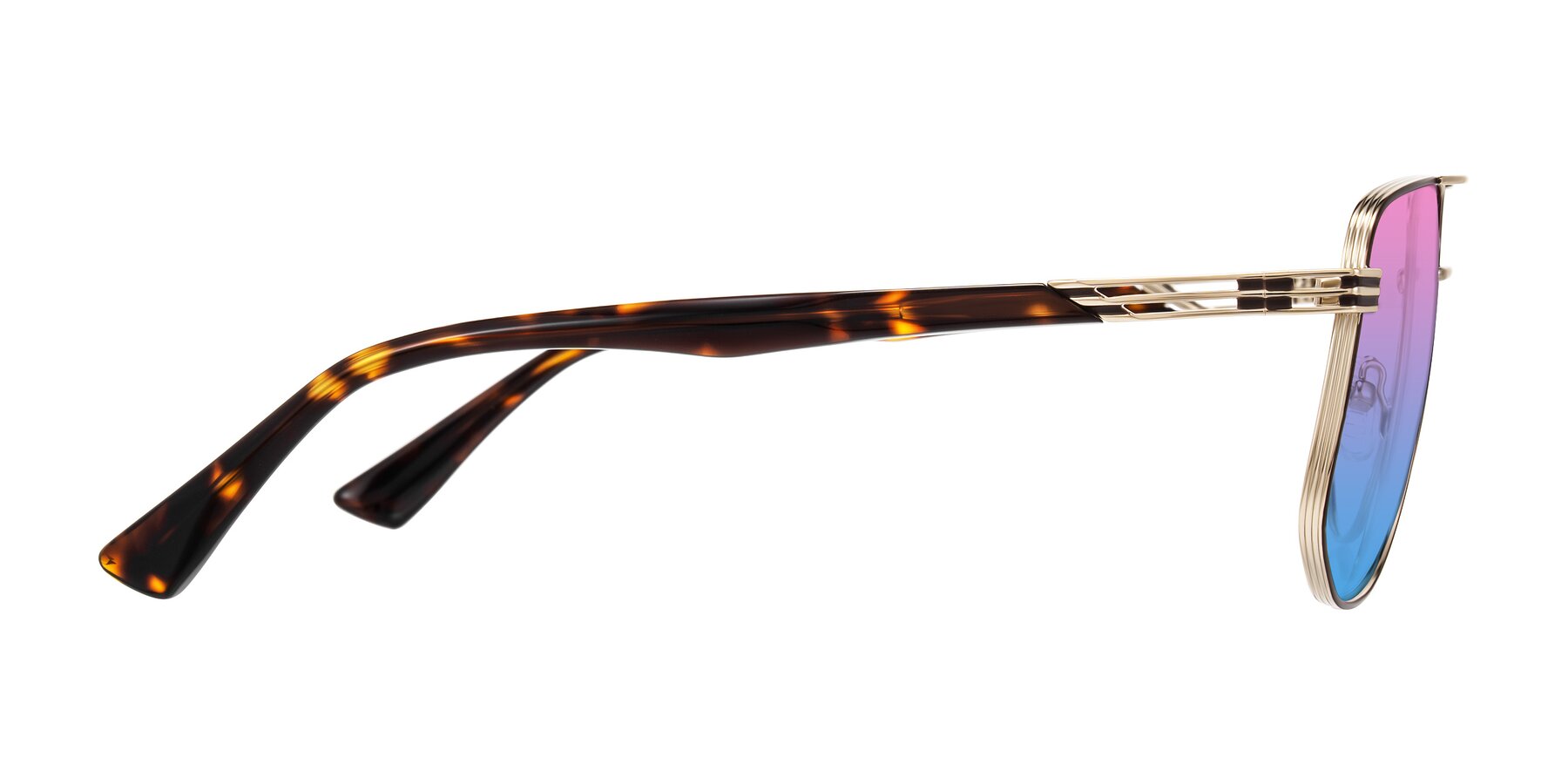 Side of Lovonin in Gold/Tortoise with Pink / Blue Gradient Lenses