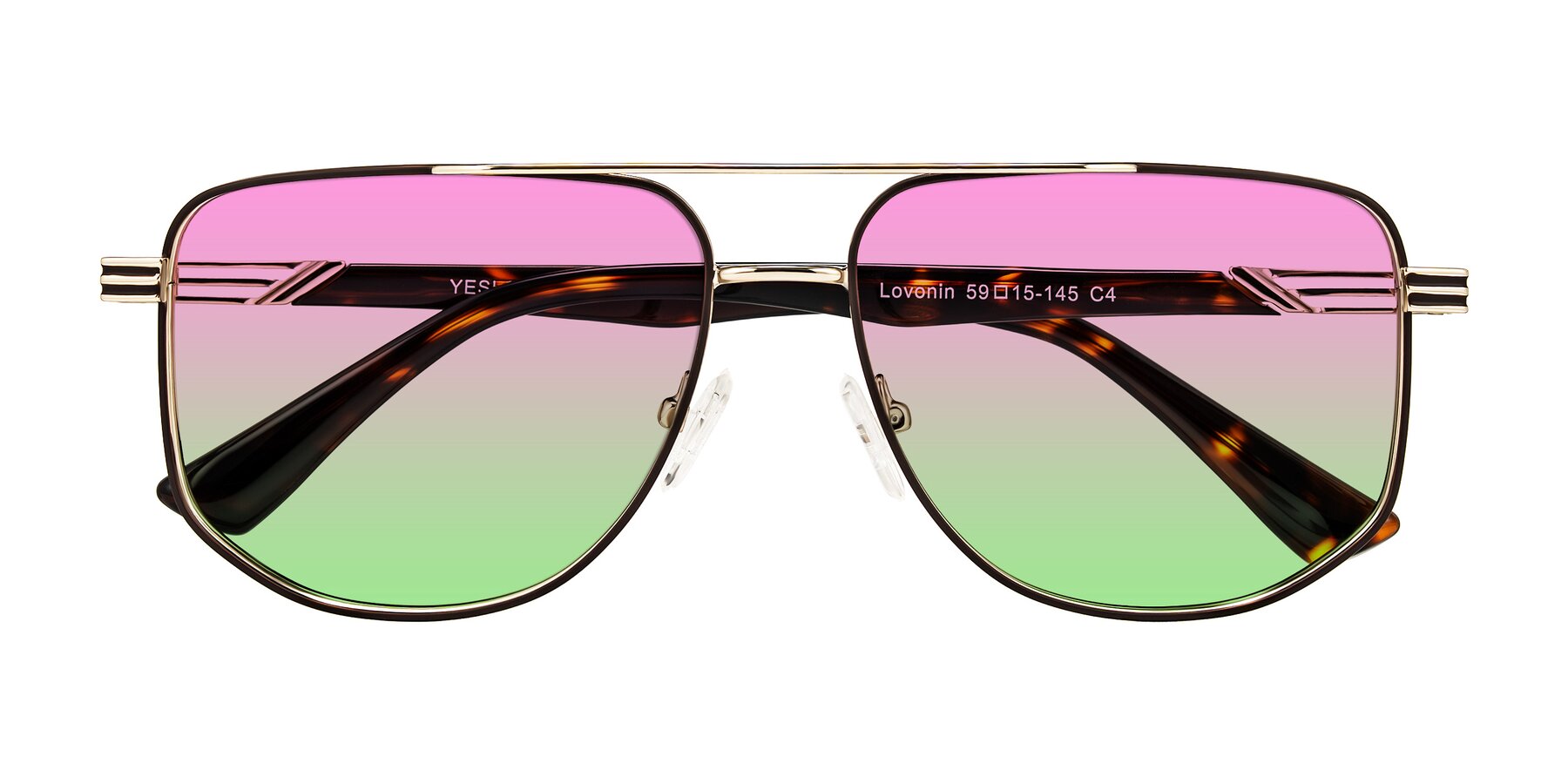 Folded Front of Lovonin in Gold/Tortoise with Pink / Green Gradient Lenses