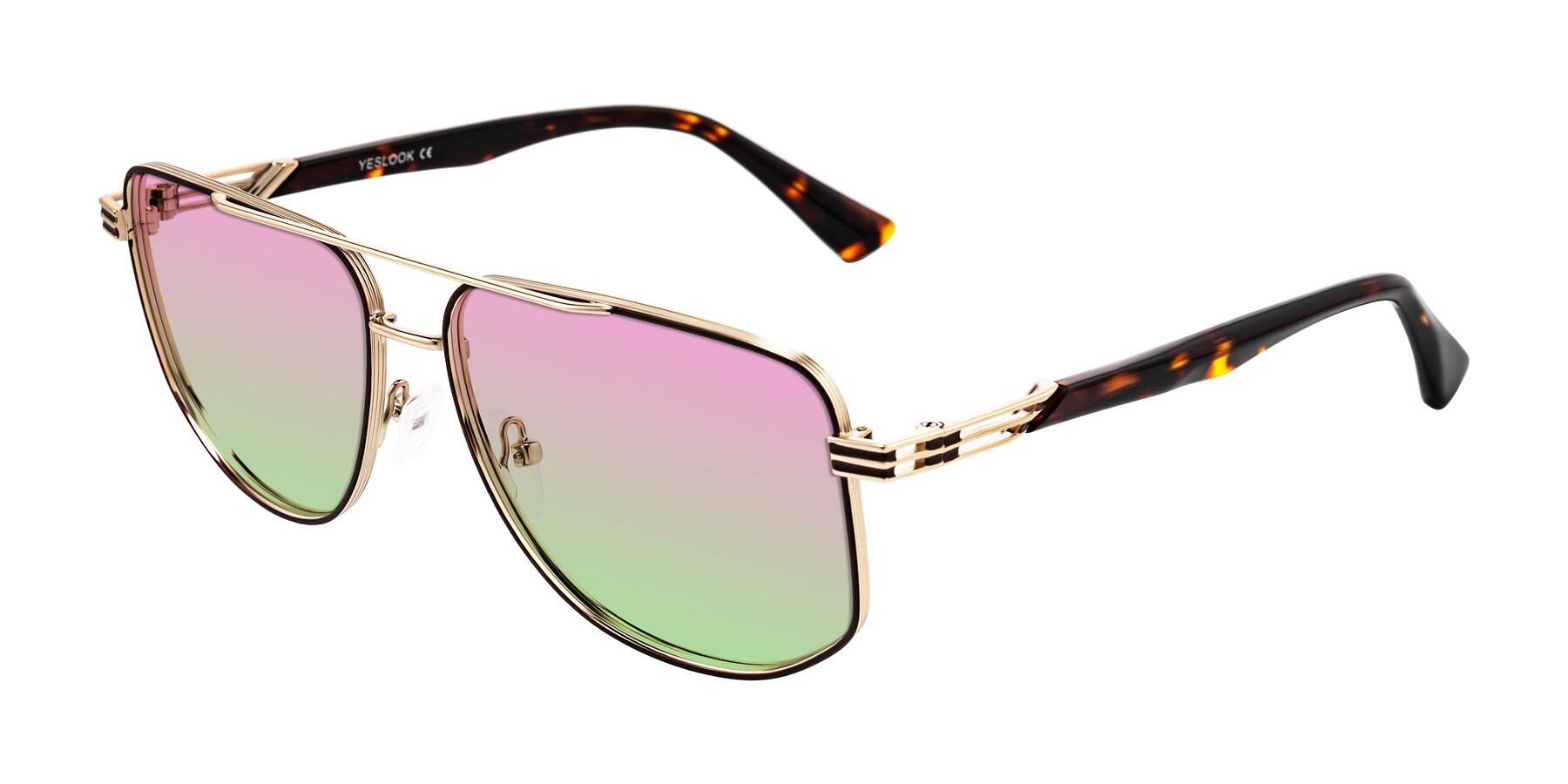 Angle of Lovonin in Gold/Tortoise with Pink / Green Gradient Lenses