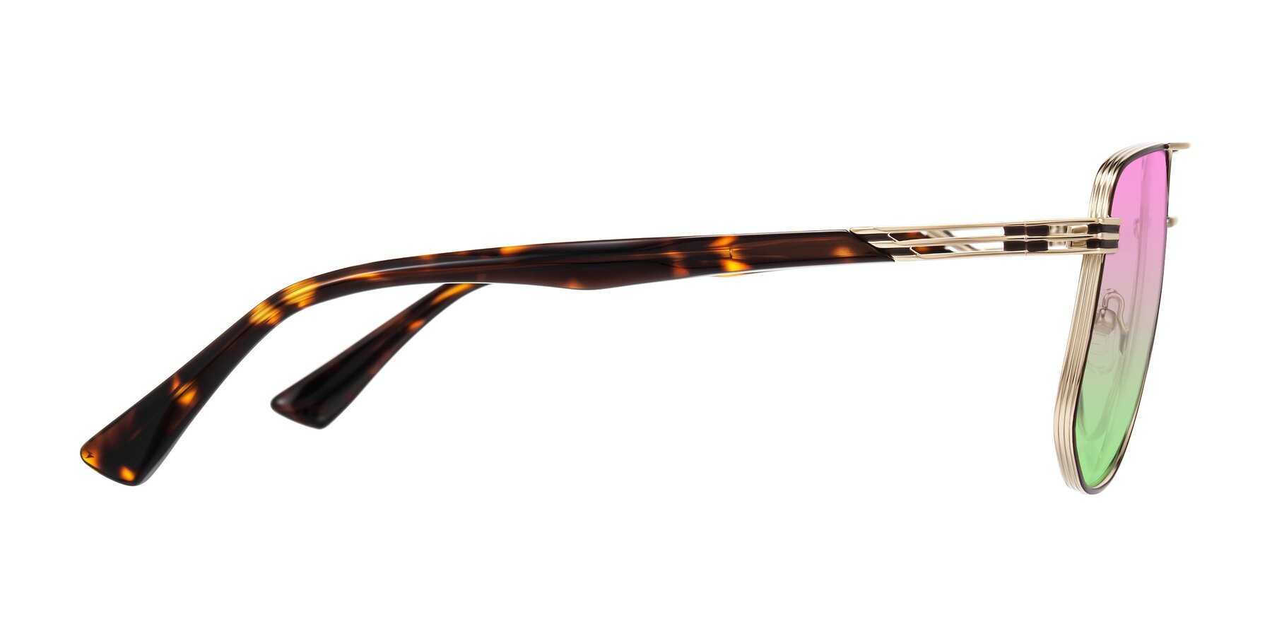 Side of Lovonin in Gold/Tortoise with Pink / Green Gradient Lenses