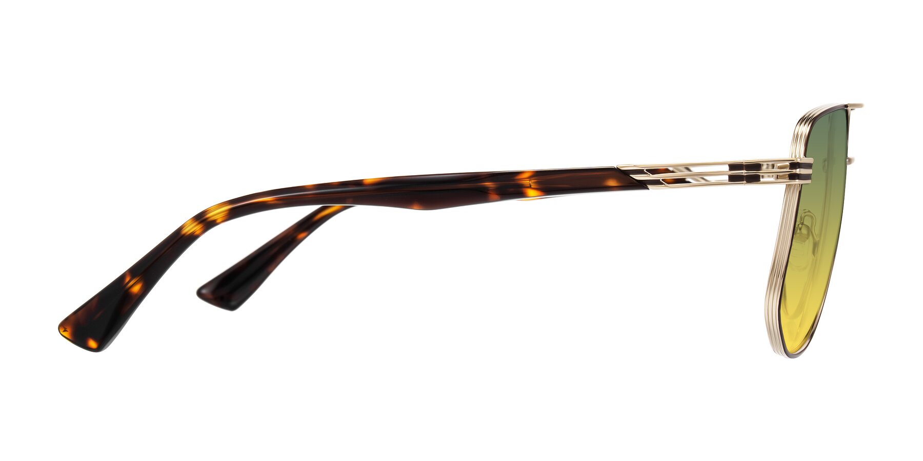 Side of Lovonin in Gold/Tortoise with Green / Yellow Gradient Lenses