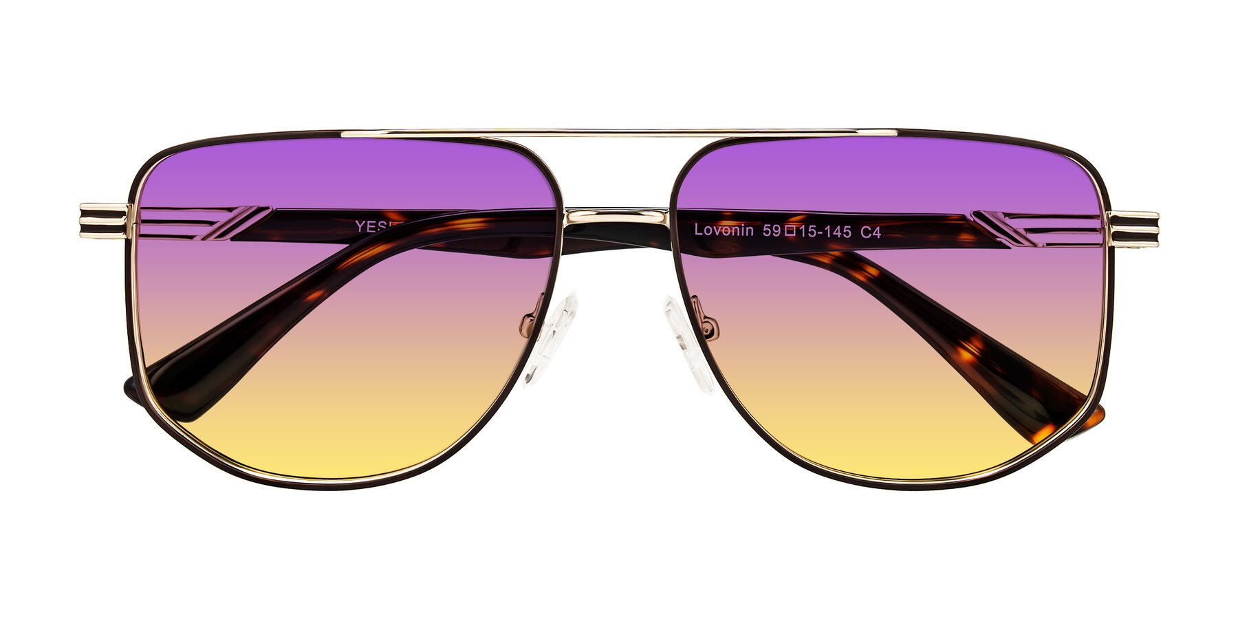 Folded Front of Lovonin in Gold/Tortoise with Purple / Yellow Gradient Lenses
