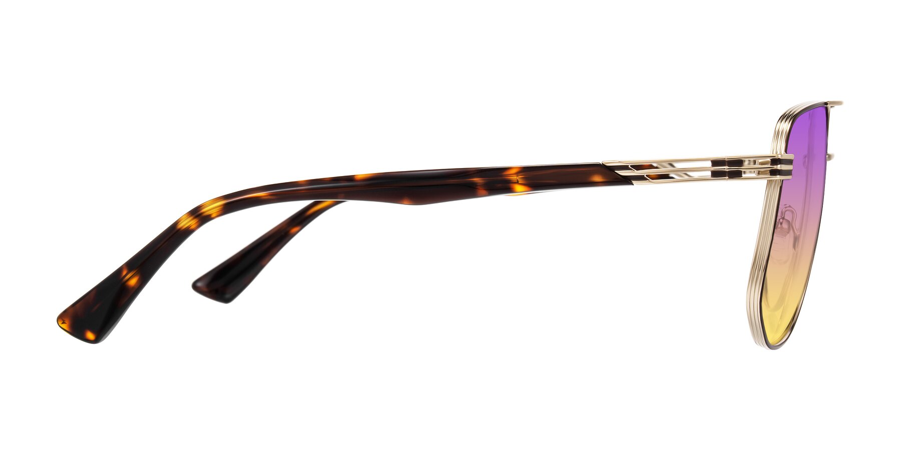 Side of Lovonin in Gold/Tortoise with Purple / Yellow Gradient Lenses