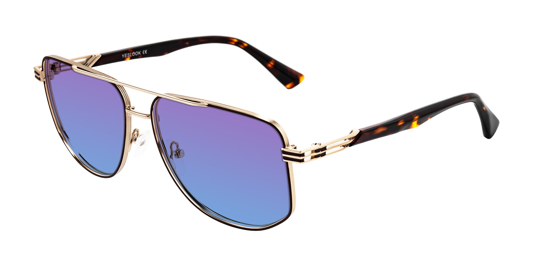 Angle of Lovonin in Gold/Tortoise with Purple / Blue Gradient Lenses