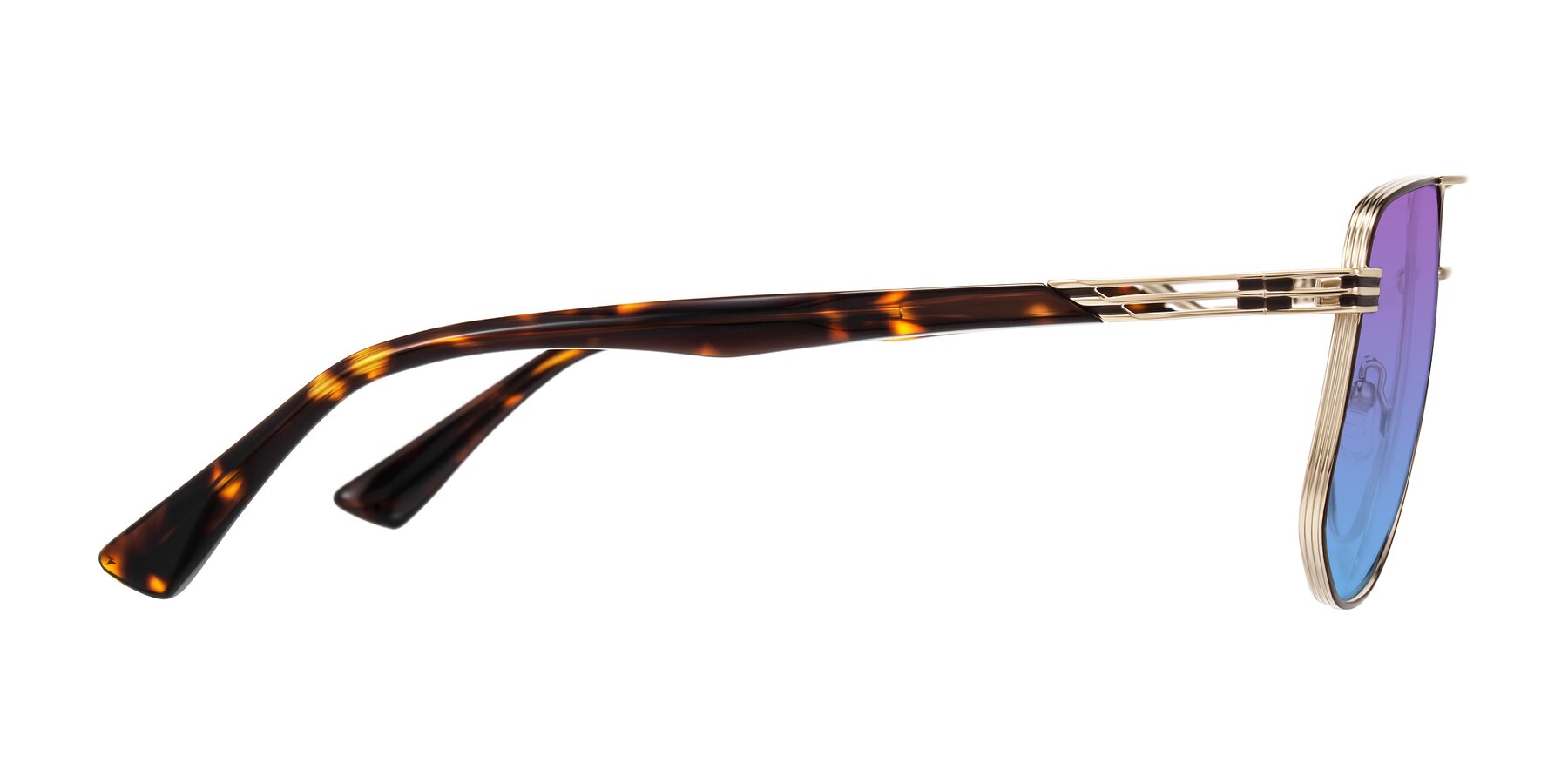 Side of Lovonin in Gold/Tortoise with Purple / Blue Gradient Lenses