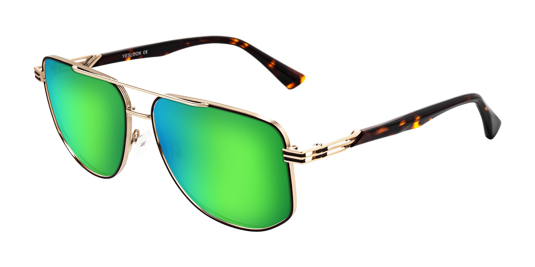 Angle of Lovonin in Gold/Tortoise with Green Mirrored Lenses