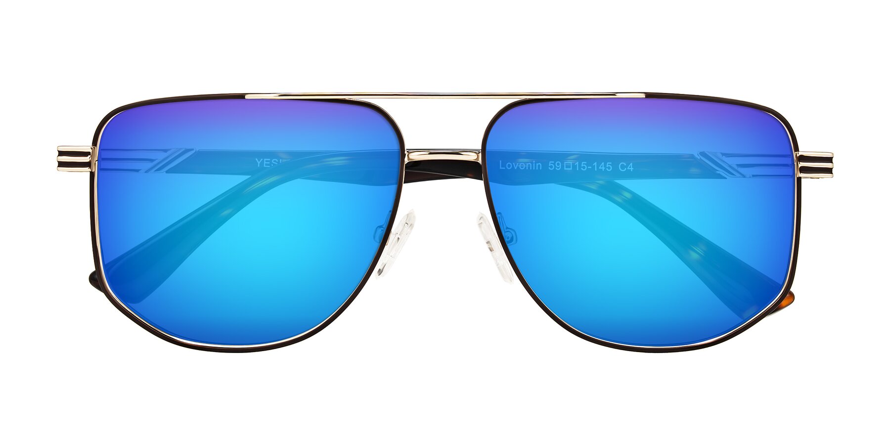 Folded Front of Lovonin in Gold/Tortoise with Blue Mirrored Lenses