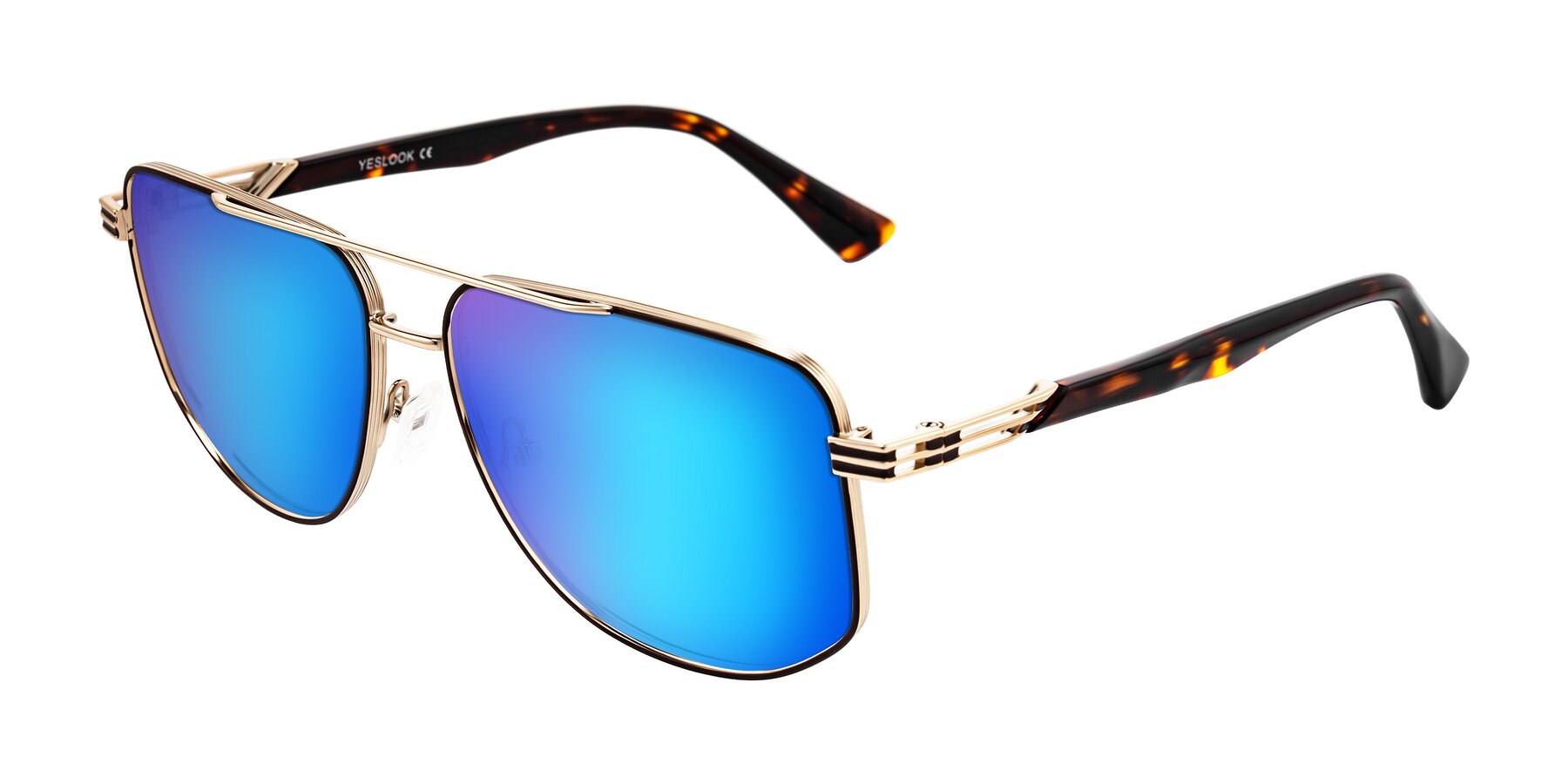 Angle of Lovonin in Gold/Tortoise with Blue Mirrored Lenses