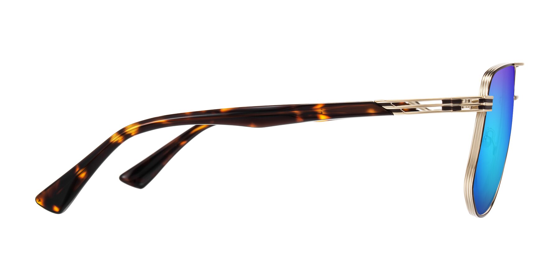 Side of Lovonin in Gold/Tortoise with Blue Mirrored Lenses